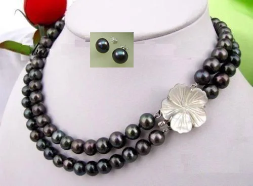 

2 strands AAA 9-10MM south sea black pearl necklace 17-18 inch earring set shipping free