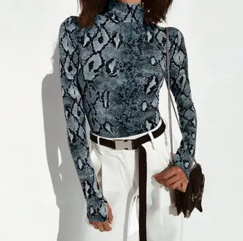 

Snake Print Long Sleeve Sexy Women Bodysuit Autumn Winter Colthes Mock Turtleneck Thumbholes Snakeskin Body Suit