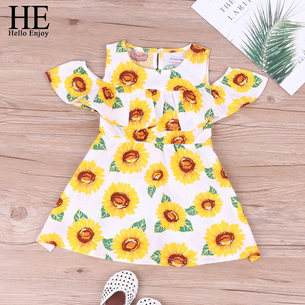 

HE Hello Enjoy Girl Dress Flower Print Sunflower Floral A-line Dew Shoulder Dress Outfits Kid Clothes Princess Dress 2019 Summer