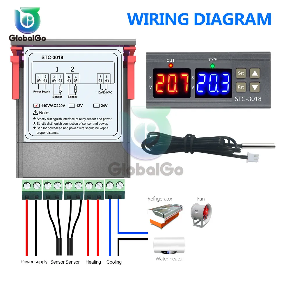 STC-3018 двойной цифровой переключатель температуры 12 В 24 в 110 В 220 В терморегулятор Термостат C/F для инкубатора реле