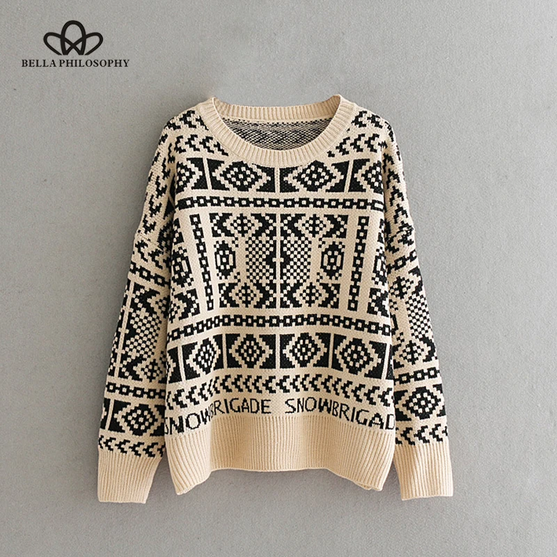 

Bella Philosophy 2018 winter women knitted casual long sleeve pullovers fashion geometric female O Neck cotton fashion sweater