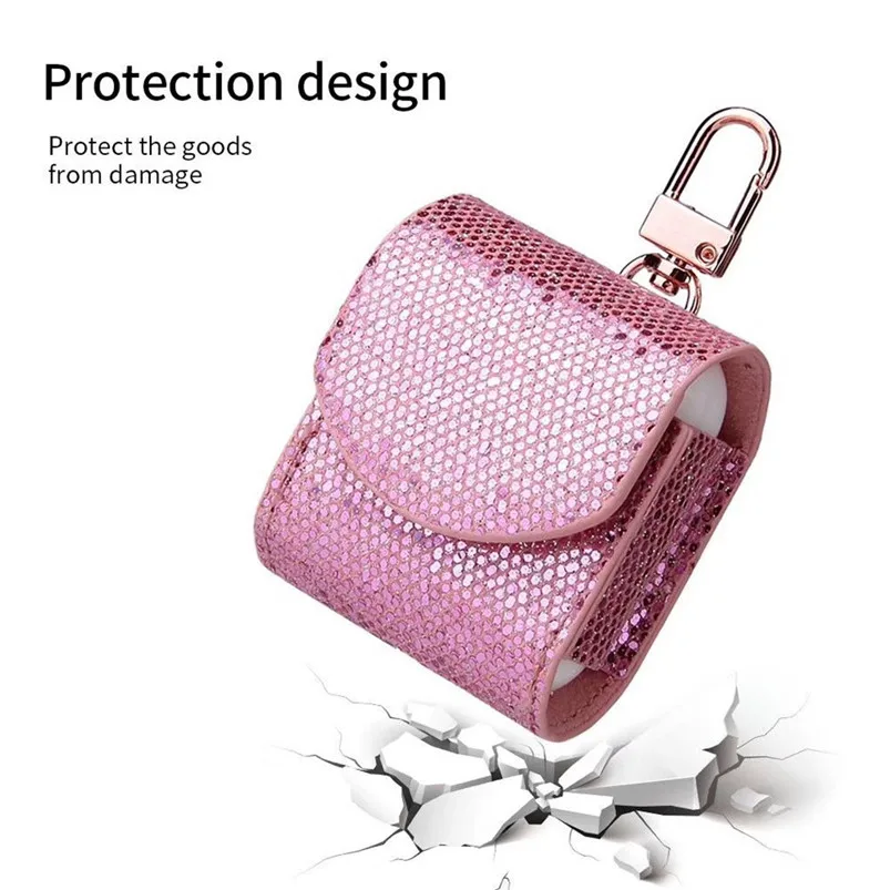 Headphone Bling Case For AirPods Case Magnetic Closure Leather Cover With Anti-lost Keychain Glitter 40MAY286