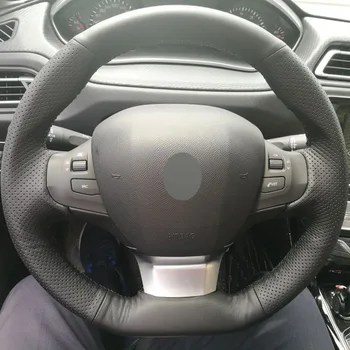 

Puou Black Genuine Leather DIY Hand-stitched Car Steering Wheel Cover for Peugeot 308 2016 2017 Free shipping