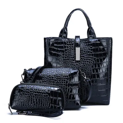 3 шт., черные, красные лакированные кожаные сумки-шопперы для женщин, Набор сумок, Роскошный дизайнерский бренд, женская сумка через плечо+ клатч - Цвет: dark blue bag set
