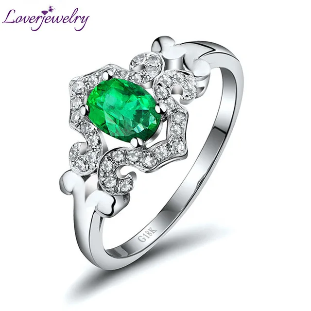 Loverjewelry дизайн подлинное кольцо с натуральным изумрудом С бриллиантом Твердое 18 к белое золото овальное 4x6 мм драгоценный камень женское кольцо ювелирные изделия - Цвет камня: Emerald
