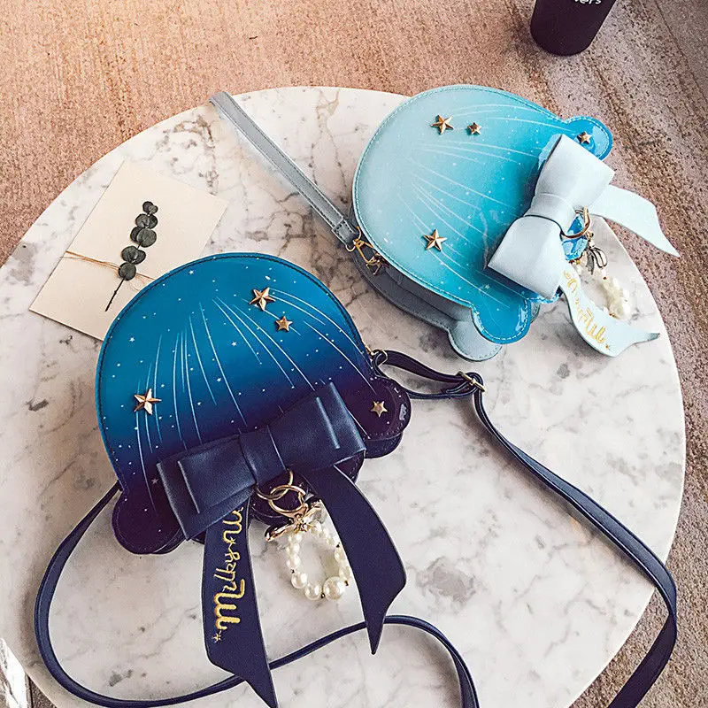 

Fashion Sweet Lolita Cute Jellyfish Shape Small Round bag Girls Harajuku Star Sky Bow Trim Handbag Shoulder Bag Messenger Bag