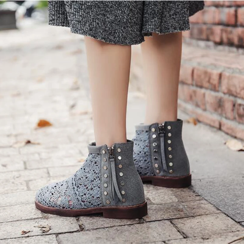 CHIRARROSE/Новые Модные женские летние вязаные ботинки; женские короткие ботинки из сетчатого материала на молнии; повседневные дышащие ботинки с перфорацией