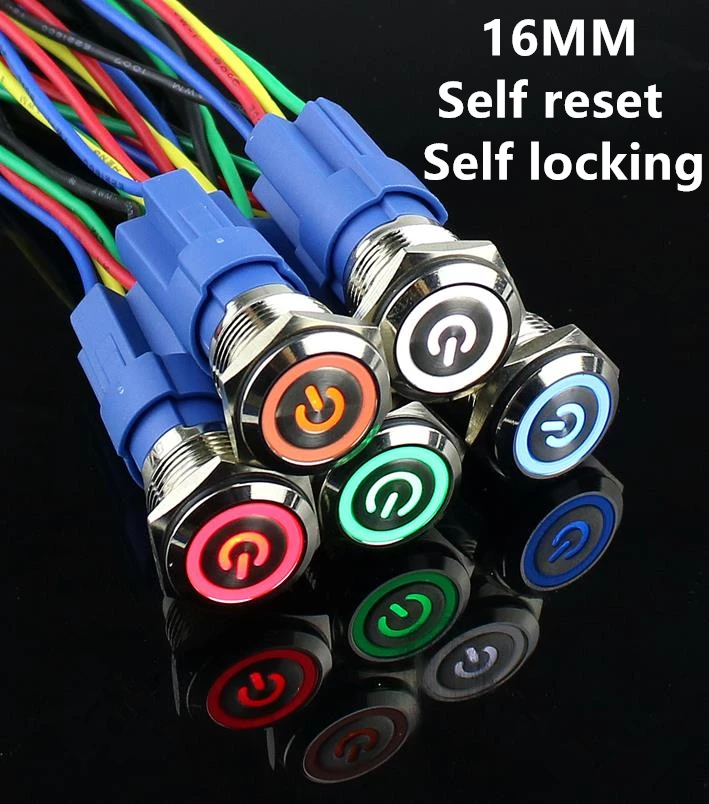 

16mm Waterproof metal button switch Power sign LED 5V 6V 12V 24V 220V Red Blue Green Yellow White Buttonpower switch