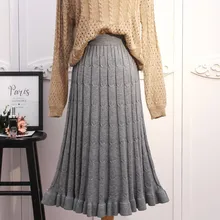Осень-зима Для женщин эластичные Высокая Талия вязаные юбки женский Винтаж женская обувь на низком каблуке; однотонная плиссированная с гофрированным воротником, длинная юбка, свитер M31