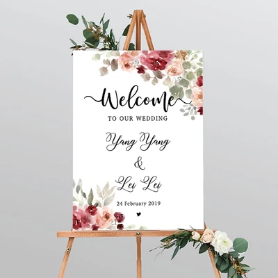 

1pc custom logo personalized Wedding Welcome Sign indicator Burgundy Peonies Floral engagement Reception Rustic Entrance Sign