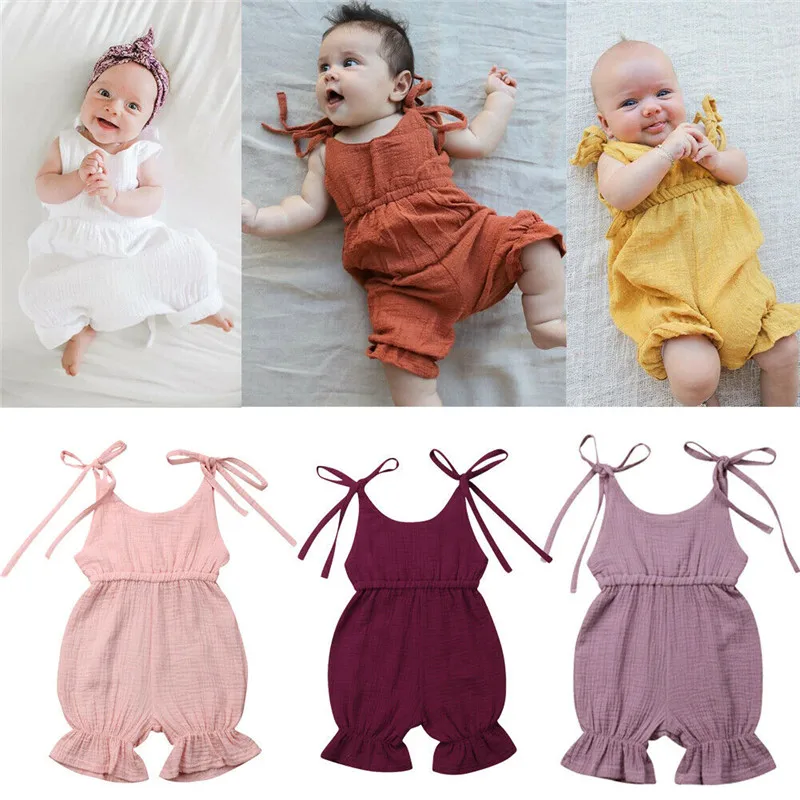 

Emmababy Summer Baby Girls Rompers Comfortable Cotton Sleeveless Spaghetti Strap Reffule Belt Jumpsuit Solid Color Square Collar
