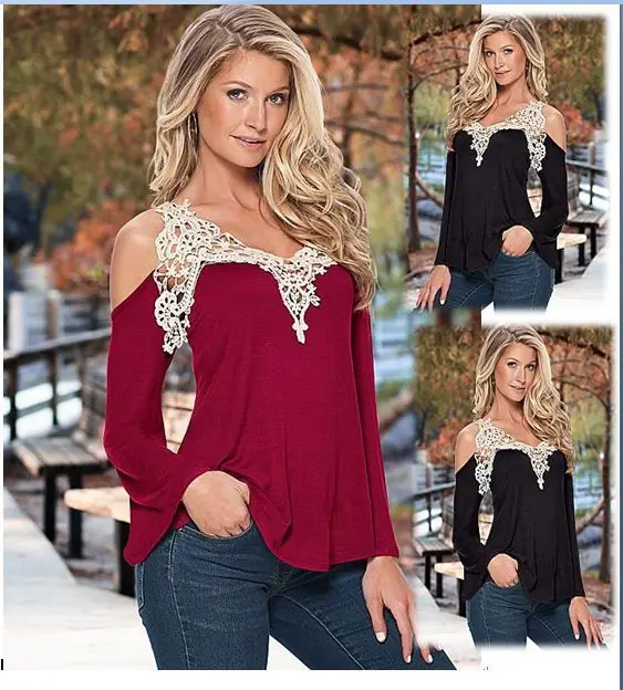 AS15 Ladies Blouse V-Neck Long Sleeve Shirt Vogue Royal Lace Crochet Off Shoulder Blouses and Shirts For Women