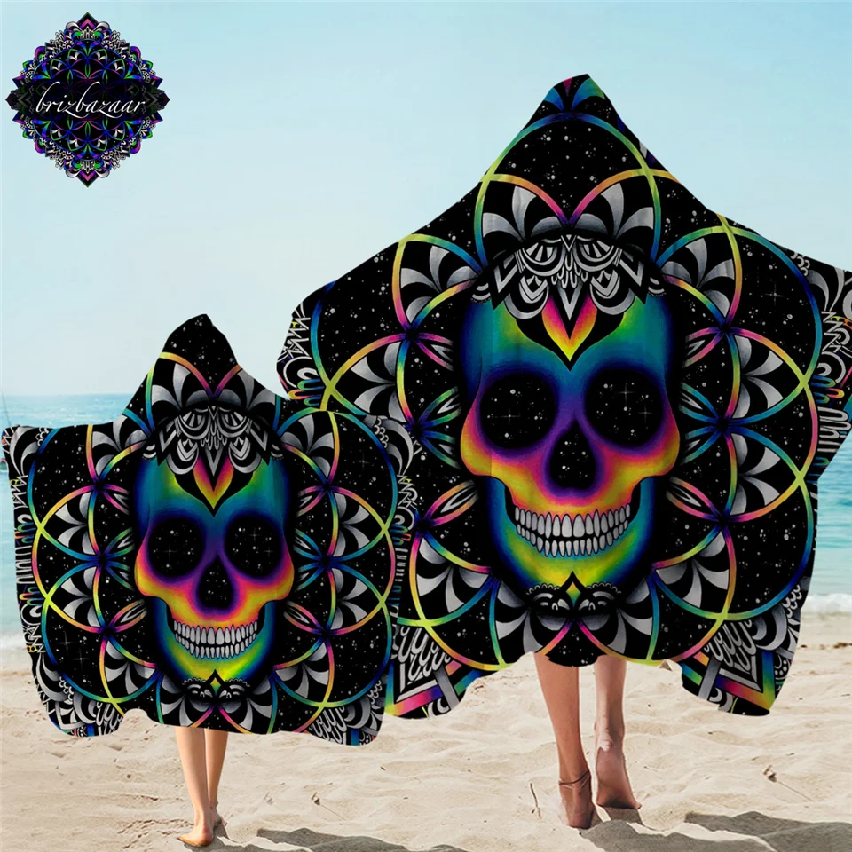 

Chaos By Brizbazaar Hooded Towel Colorful Skull Bath Towel With Hood for Adults Mandala Gothic Microfiber Wearable Beach toalla