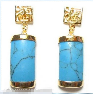

A NEW PAIR NATURAL BLUE TURQUOISE 14K GOLD PLATED FORTUNE LUCKY EARRINGS