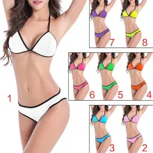 Womens Sexy Two Piece Bikini Set Hollow Out Racerback Deep V-Neck Bra Contrast Black Trim Light Padded Swimsuit Bathing Suit lettuce trim tie neck bikini set