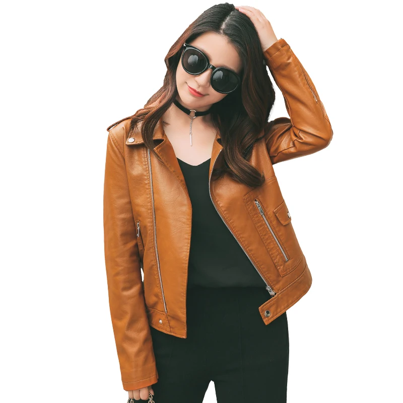 Женская куртка из ПУ кожи с длинным рукавом и отложным воротником|leather jacket ladies|pu