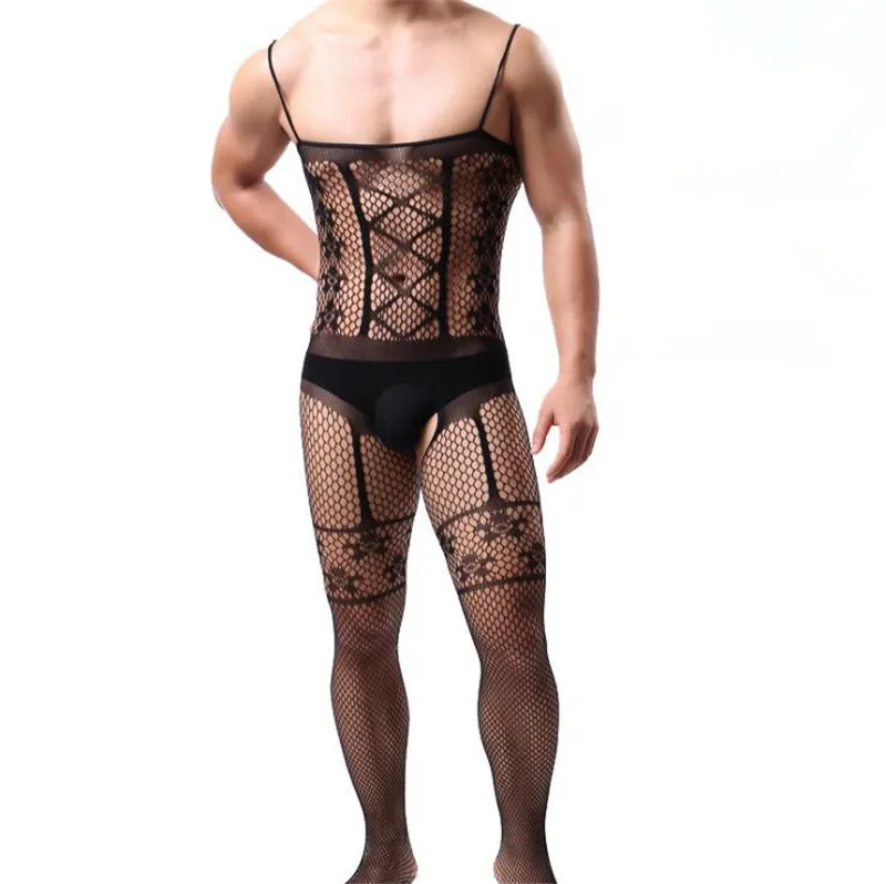 Exotic Lingerie Men Sexy Lingerie bodysuit porno hose intimates hot Sexy costumes Stockings Black elastic Netting Underwear - Цвет: Черный