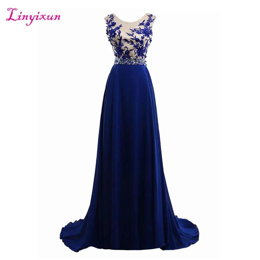 Linyixun Real Photo Royal Blue Chiffon Prom Dresses 2017 Elegant Party Long Sexy Beaded Cheap Formal Evening | Свадьбы и торжества