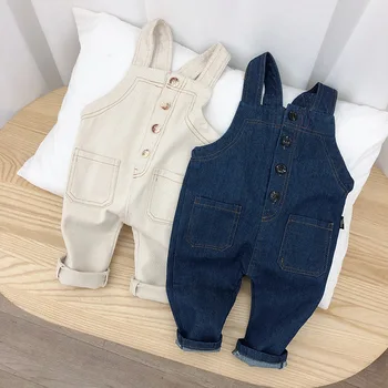 

Baby Boys Denim Rompers Girls Spring Trousers Toddler Cute Solid Overalls Kids Lovely Blue Beige Jeans Suspender Pants Overalls