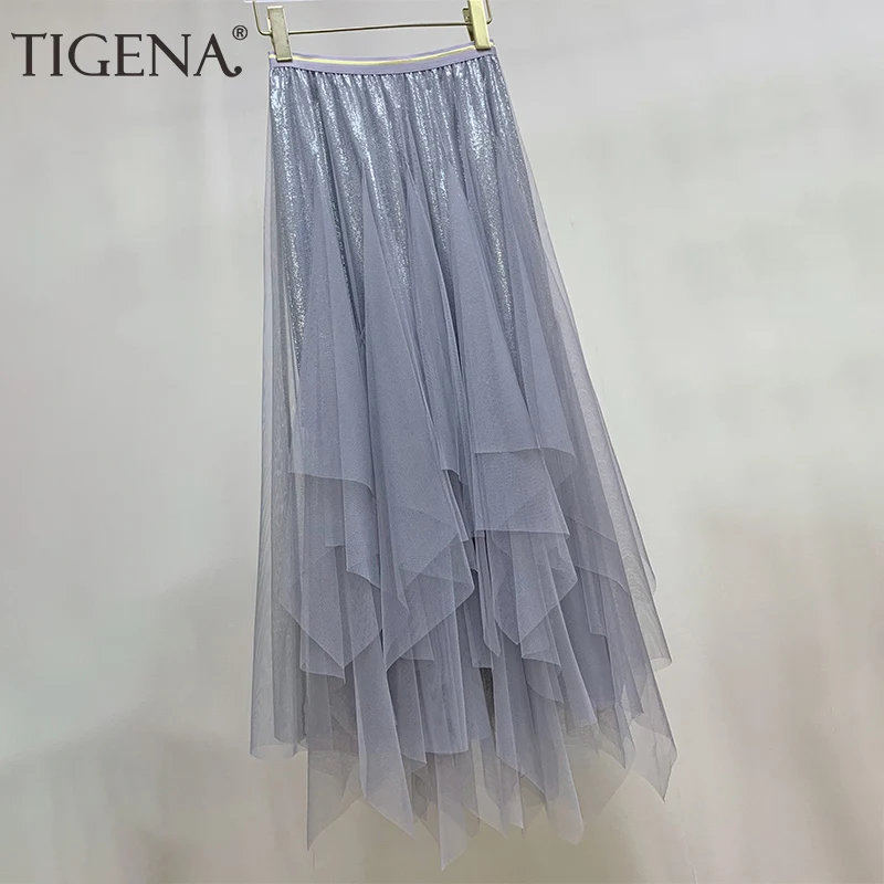 

TIGENA 90cm Asymmetrical Fashion Shiny Tulle Skirt Women 2019 Summer High Waist Pleated Long Maxi Skirt Female School Sun Skirt