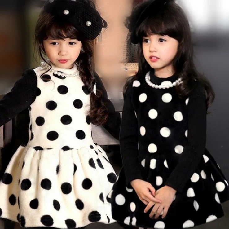 Free Shipping Winter Girl Villus Dresses Baby Girls Dot Fur