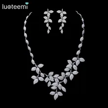 LUOTEEMI Tiny CZ Crystal Micro Paved Leaf Shape Statement Necklace Bridal Luxury White Gold Color Wedding