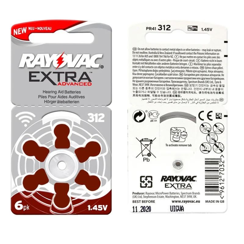 New 60 pcs/10card Rayovac Extra 1.45V Performance Hearing Aid Batteries. Zinc Air 312/A312/PR41 Battery for CIC Hearing aids New 60 pcs/10card Rayovac Extra 1.45V Performance Hearing Aid Batteries. Zinc Air 312/A312/PR41 Battery for CIC Hearing aids