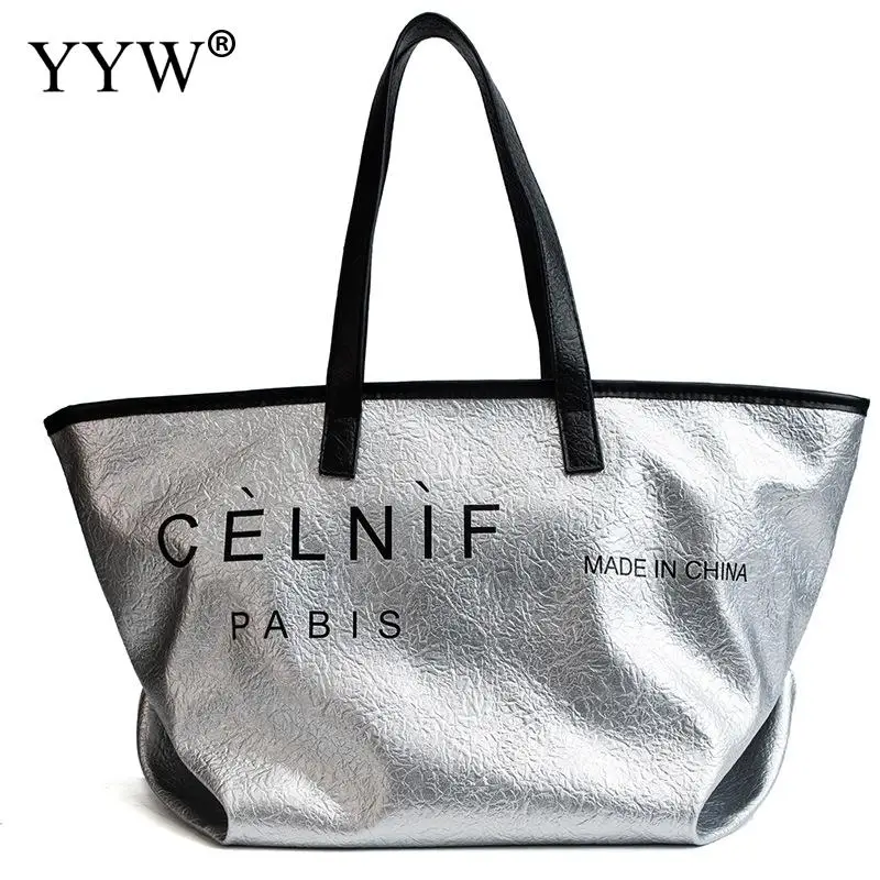 

Silver Large Capacity Women Handbag Shopping Bag Pu Leather Ladies Top Handle Hand Bags Zipper Designer Totes Shoulder Bag 2018