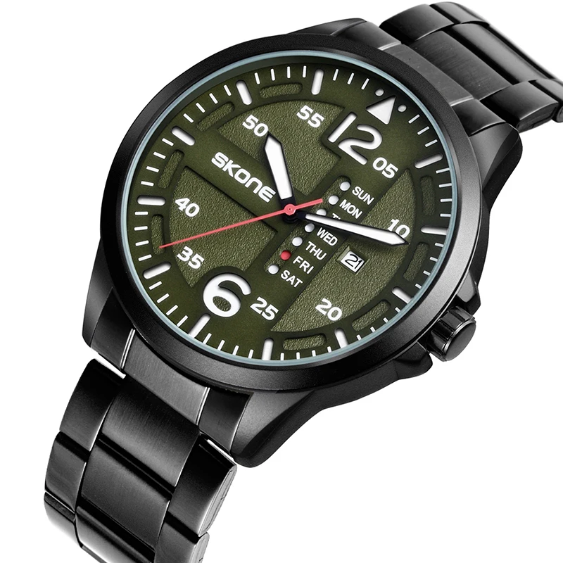 

SKONE Military Chic Quartz Watch Men Stainless Steel Strap Date Week Display Army Green Dial Mens Watches Top Brand Luxury Clock