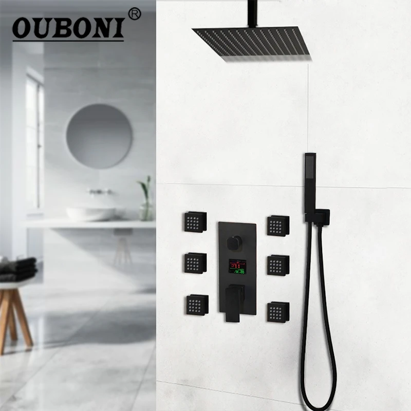 Thermostatic Temperature Display Black Square Shower Head Message Jets Wall Mount Rainfall Bathroom Kit Hand Shower Faucet Set