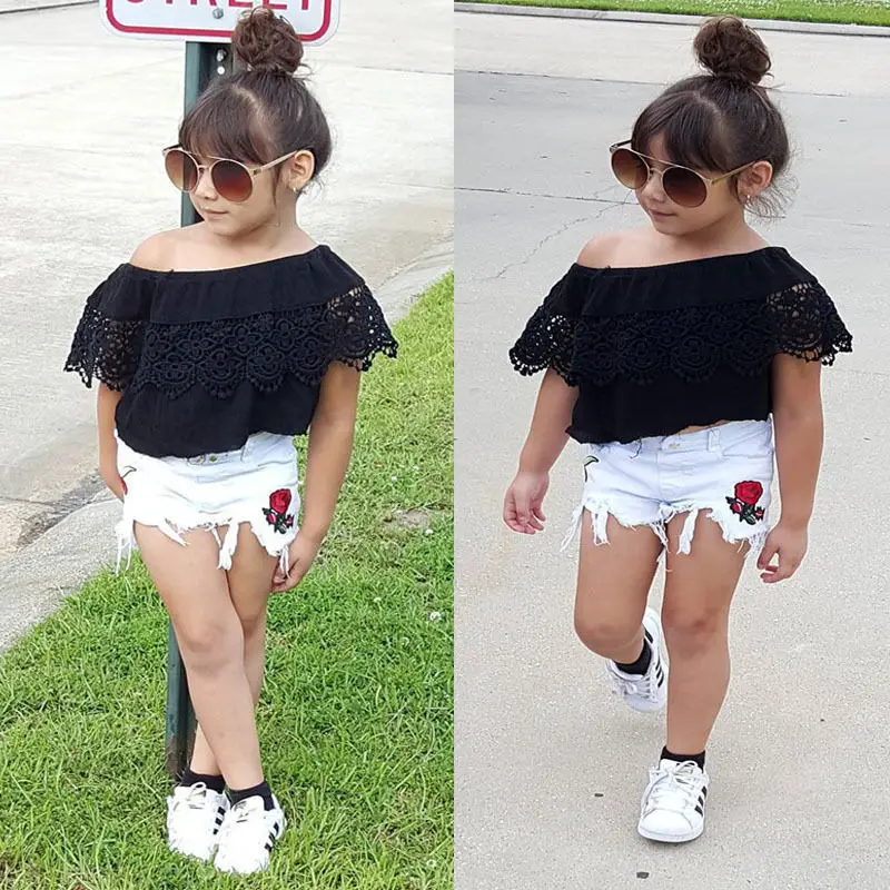 2 шт./компл. детская одежда для маленьких девочек кружевные черные топы на