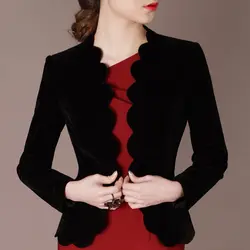 Новый Демисезонный женский, черный костюм куртка велюр пальто плюс размеры одноцветное Цвет Тонкий OL дамы повседневная обувь воланами