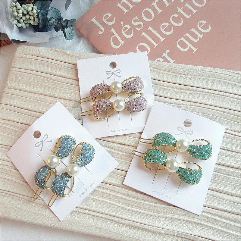 

1 Pair Simple Creative Korean Jewelry Fashion Girl Women's Hair Accessories Beautiful Rhinestones Imitation Pearl Bow Hairpins