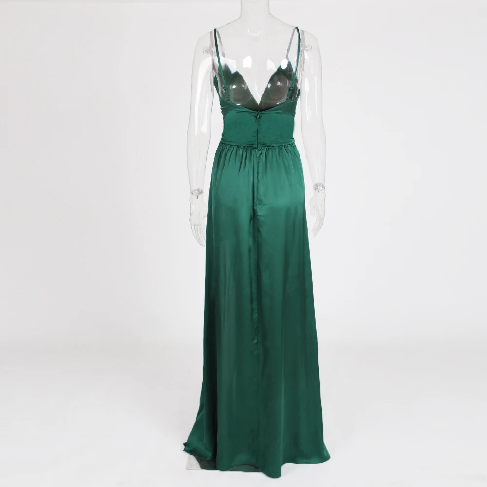 Зеленое Длинное Платье с двойным разрезом, атласное платье с v-образным вырезом, платье макси без рукавов, летние красные платья в пол