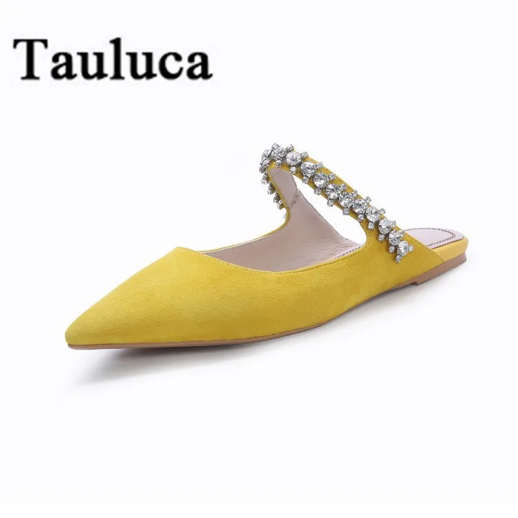 

Womens Lazy Pointed Toe Half Slippers Leather Suede Rhinestones Mules Shoes Korean Style Crystal Flat Slippers Wearing Outside