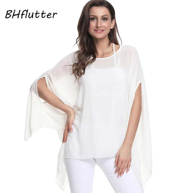 

BHflutter White Blouse Summer 2018 New Style Solid Casual Loose Chiffon Shirts Batwing Sleeve Womens Tops and Blouses Plus Size