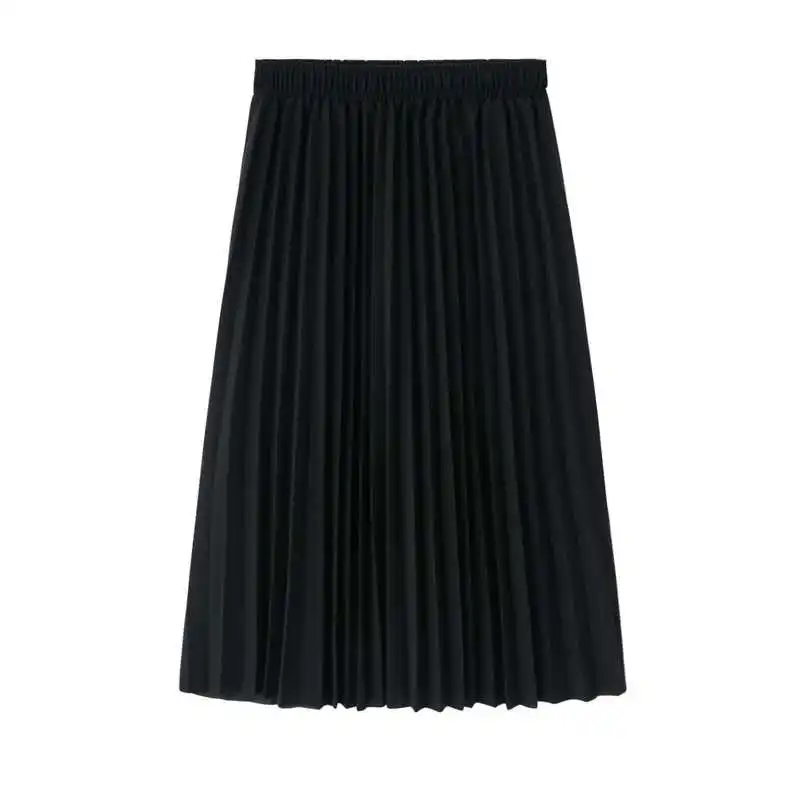 

PERHAPS U black solid button a line pleated ruched midi skirt empire summer casual S0070