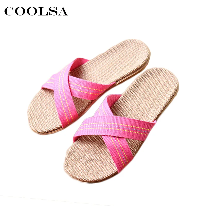 

Coolsa Summer Women Linen Slippers Flax Flip Flop Cross-tied Webbing Non-slip Slides Indoor Slides Woman Casual Beach Sandals