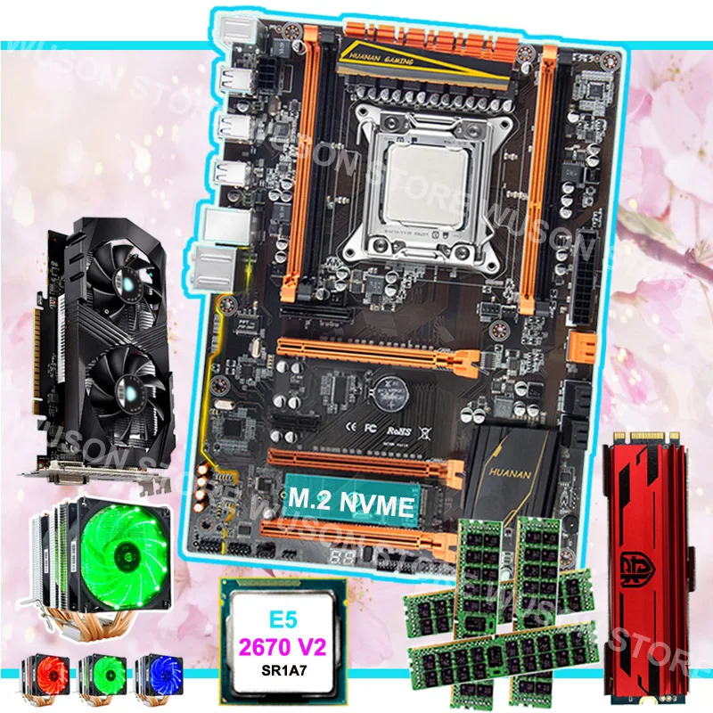 Best Price HUANAN ZHI deluxe X79 motherboard bundle Intel Xeon E5 2670 V2 2.5GHz with cooler 4*8G DDR3 1600 RECC GTX1050Ti 4G 240G NVME SSD