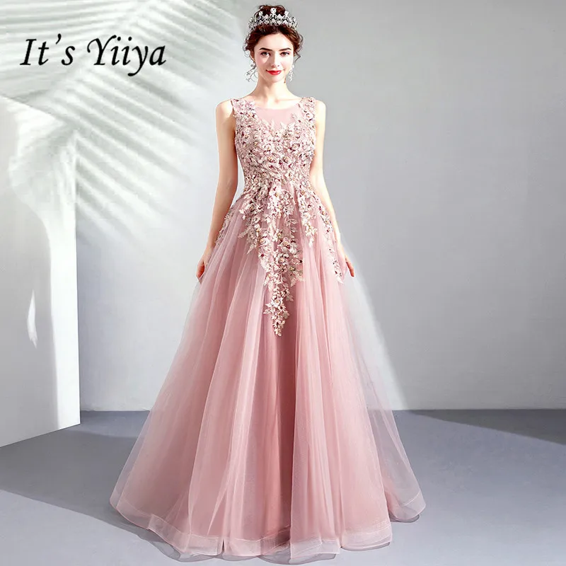 Это YiiYa выпускное платье розовое с О-образным вырезом без рукавов Длина до пола платья элегантные с вышивкой длинные вечерние платья на заказ большие размеры E283