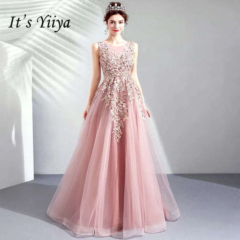 

It's YiiYa Prom Gowns Pink O-neck Sleeveless A-Line Beading Floor Length Long Party Dress Custom Plus Size Prom Dress 2019 E283
