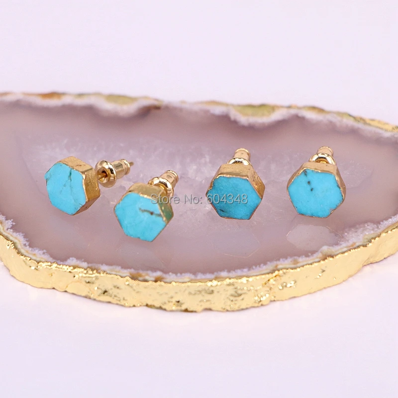 5 пар ZYZ177-9987 ШЕСТИГРАННАЯ ФОРМА натуральный голубой камень серьги-гвоздики 8 мм модные Drusy серьги-гвоздики Позолоченные ювелирные изделия