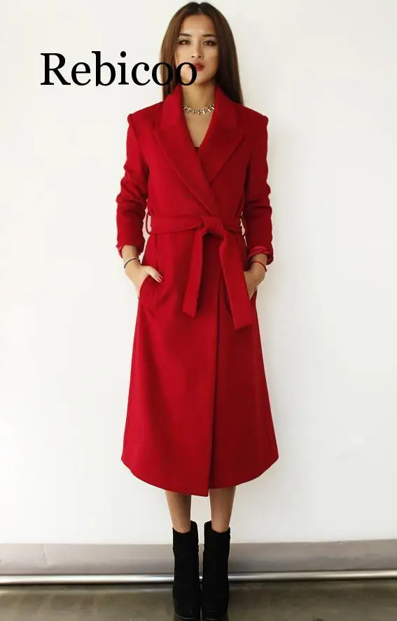 Newest UK 2019Fall / Winter Women Woolen Robe Belted Robe Coat Simple Notched Lapel Red Black Oversized Overcoat