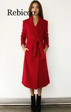 Newest UK 2019Fall / Winter Women Woolen Robe Belted Robe Coat Simple Notched Lapel Red Black Oversized Overcoat