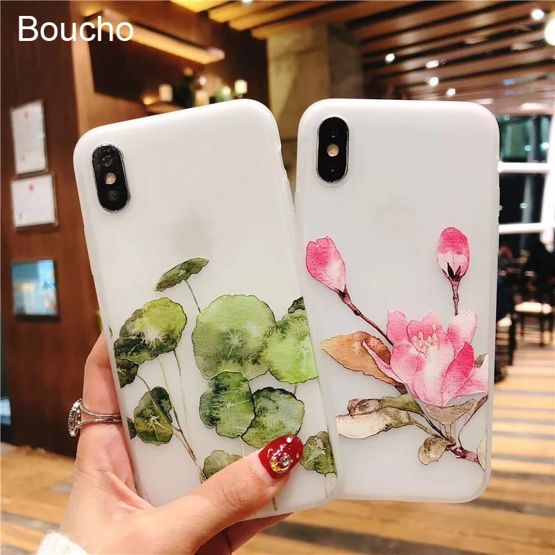 Boucho Relief Watercolor Flowers Pattern Case For iphone 6 6s 7 8 Plus Fashion Matte Soft Silicone Phone Cases X |