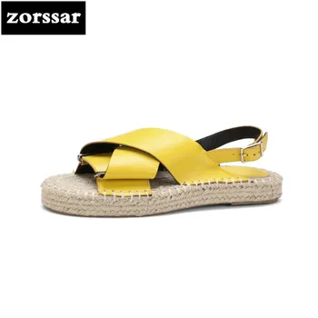 

{Zorssar} 2018 New Genuine Leather Casual Flat Sandals Summer Womens Shoes Flats Sandals shoes women Beach Shoes Yellow black