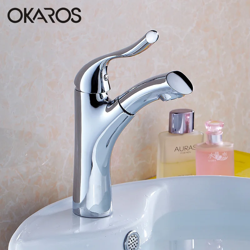 

OKAROS Bathroom Basin Faucet Water Tap Pull Out Spray Nozzle Solid Brass Single Handle Hot Cold Water Tap Mixer Torneira Cozinha