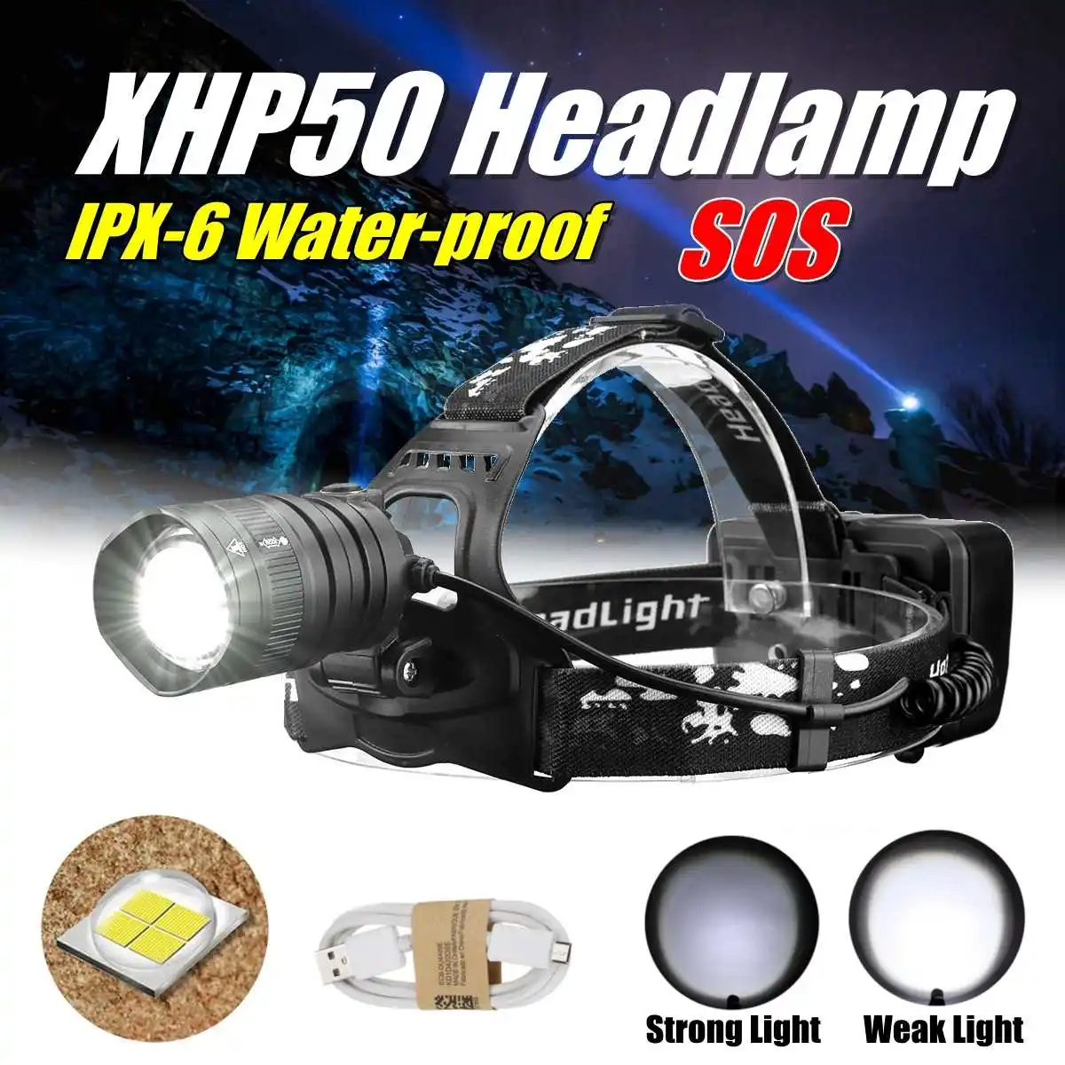 

60000lm LED Smuxi headlamp XHP50 headlight 2 modes head light waterproof flashlight zoomable 3*18650 include for hunting cycli