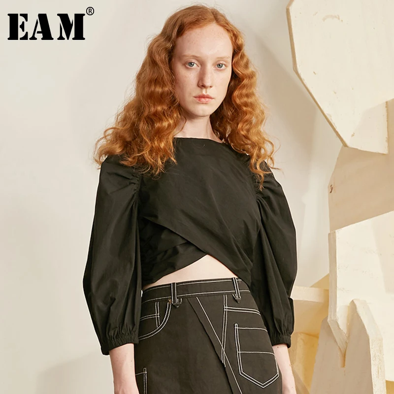 

[EAM] 2019 New Spring Summer Round Neck Three Quarter Sleeve False Two Irregular Short Shirt Women Blouse Fashion Tide JX197
