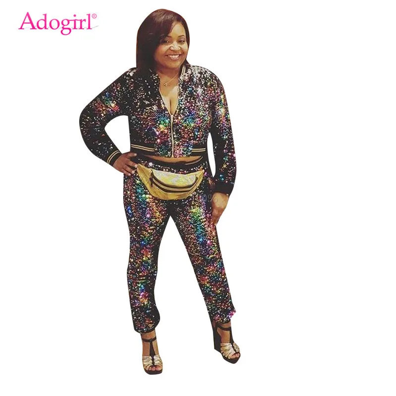 

Adogirl Sparkling Diamonds Women Two Piece Set Changing Color Zipper Long Sleeve Short Jacket Top + Pencil Pants Club Outfits